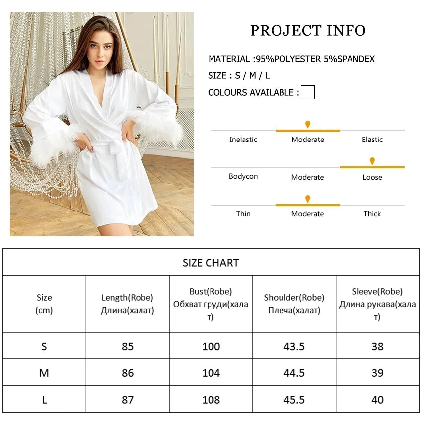 White Feather & Fur Trim Satin Robe | Bridal Nightgown Bathrobe for Women