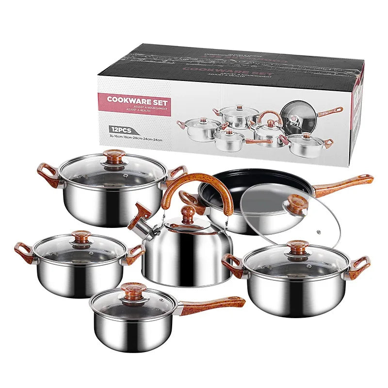 12-Piece Nonstick Pot Set – Light Grey with 6 Glass Lids