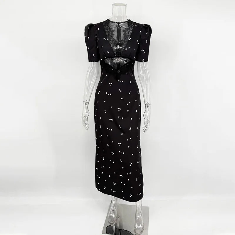 TARUXY Sexy Hollow Lace Dress – Short Sleeve Elegant High Waist Slim Print Summer Party Club Dress