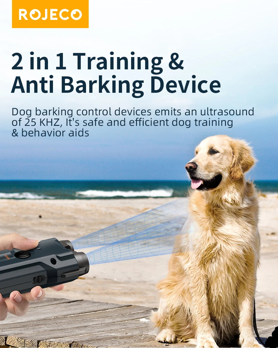 ROJECO 2-in-1 Ultrasonic Dog Repeller & Trainer – Anti-Barking Device with Flashlight