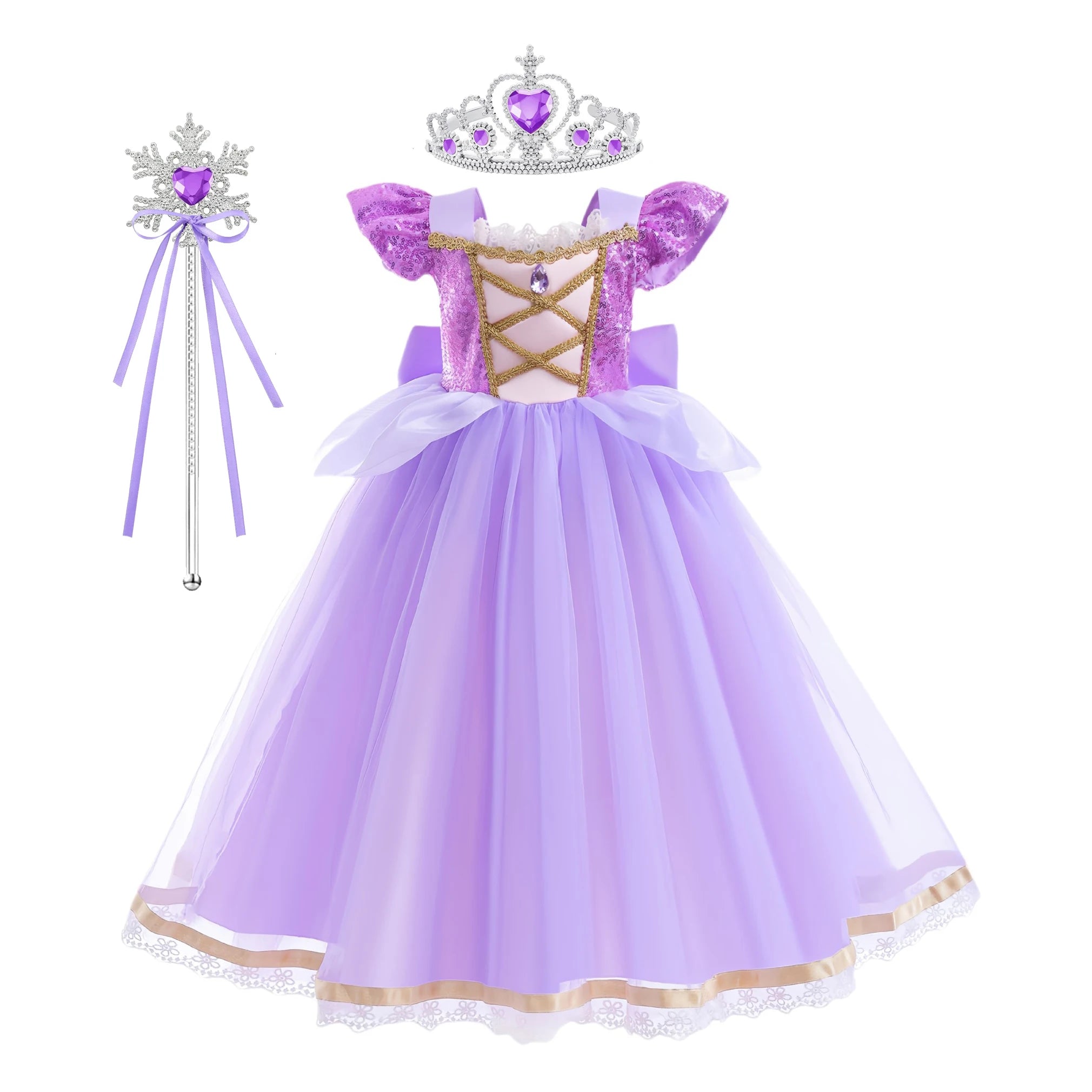 Girls Rapunzel Princess Costume Dress — Purple Puffy Halloween & Birthday Party Dress