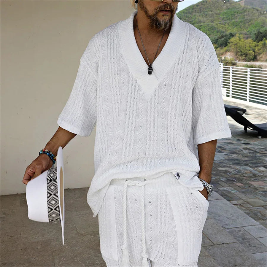 Men's Knitted V-Neck T-Shirt & Shorts Set – Casual Streetwear 2-Piece Outfit
