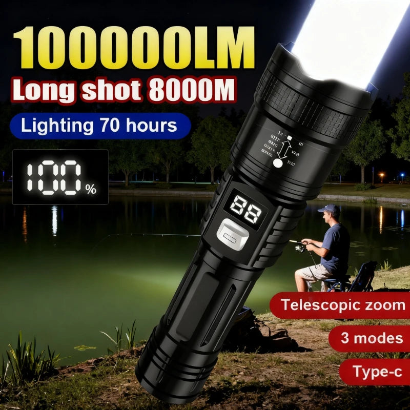 100000LM Super Bright Rechargeable LED Flashlight – Long Range Waterproof Camping Torch