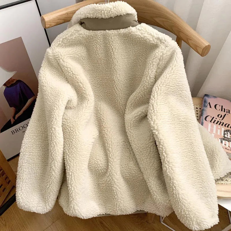 Japanese Fleece Zip Jacket – Unisex Loose Warm Lamb Wool Coat for Couples