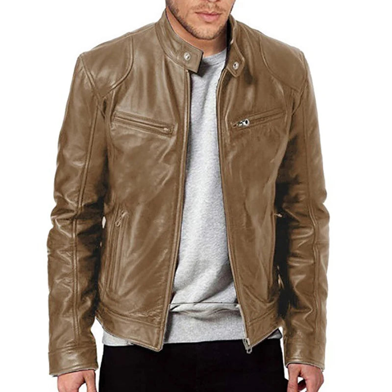 Men's Faux Leather Biker Jacket – Stand Collar Zip Front