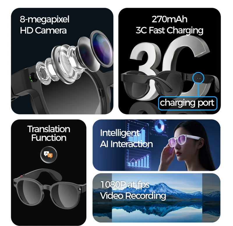 Lenovo AI Smart Glasses — 8MP HD Camera, 4K, AI Translation, Bluetooth Calling & Music