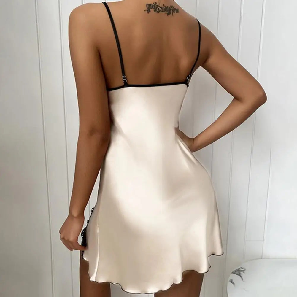 Silky Satin Spaghetti Strap Sleep Dress — Deep V Nightgown