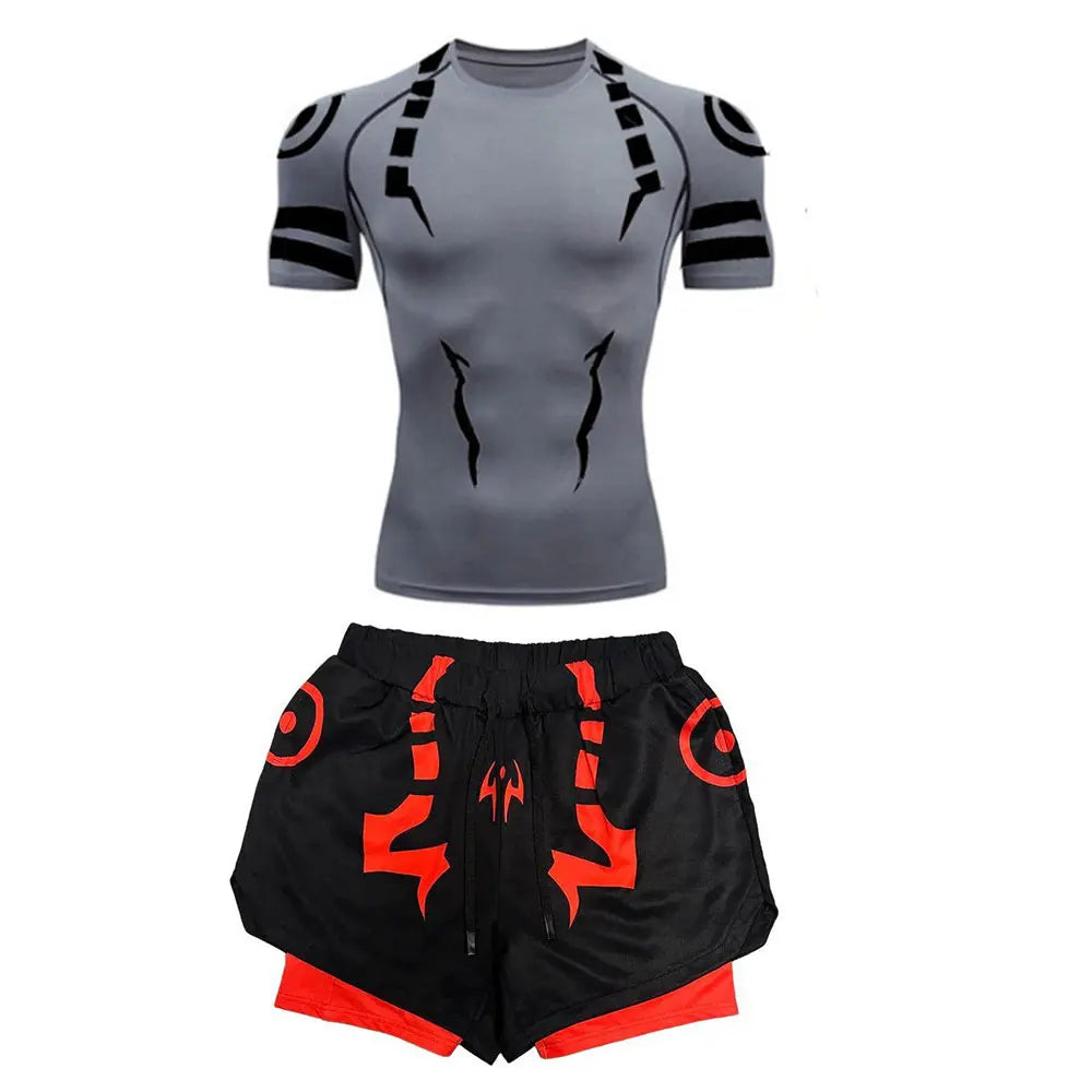 Anime Jujutsu Kaisen 3D Compression Shirt & Gym Shorts – Quick Dry Running Workout Sportswear