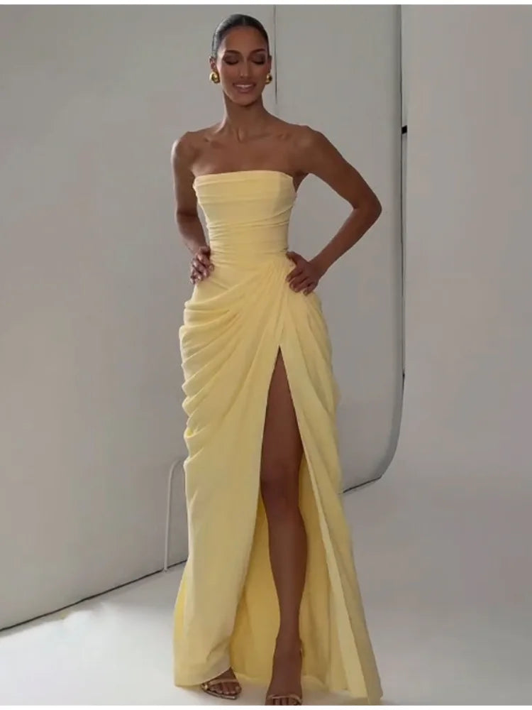 Sexy Strapless Pleated Maxi Dress – Off-Shoulder Backless High Waist Split Evening Party Gown