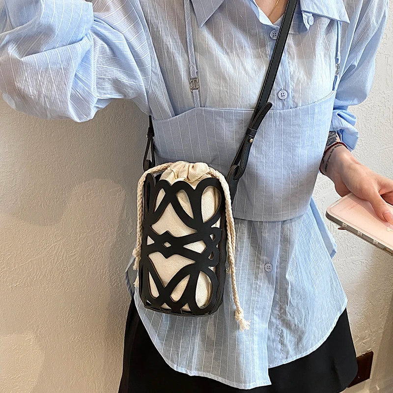 Brilliant Fish Hollow Out Drawstring Mini Bucket Crossbody Bag – Adjustable Strap Shoulder Bag for Women