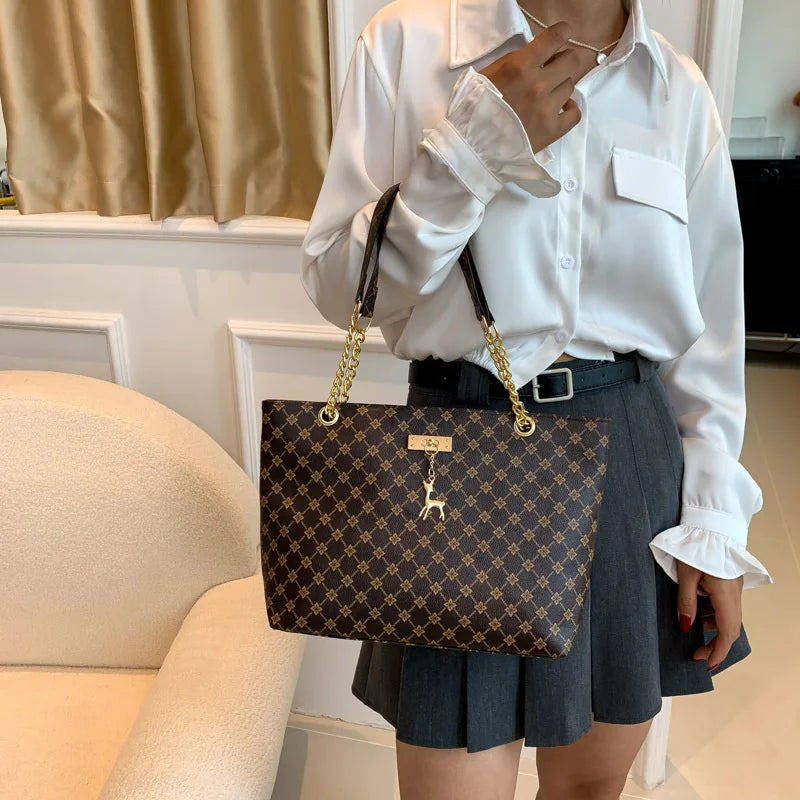 Soft Leather Large Capacity Tote Bag – Women's Shoulder Bag with Hanging Accessories