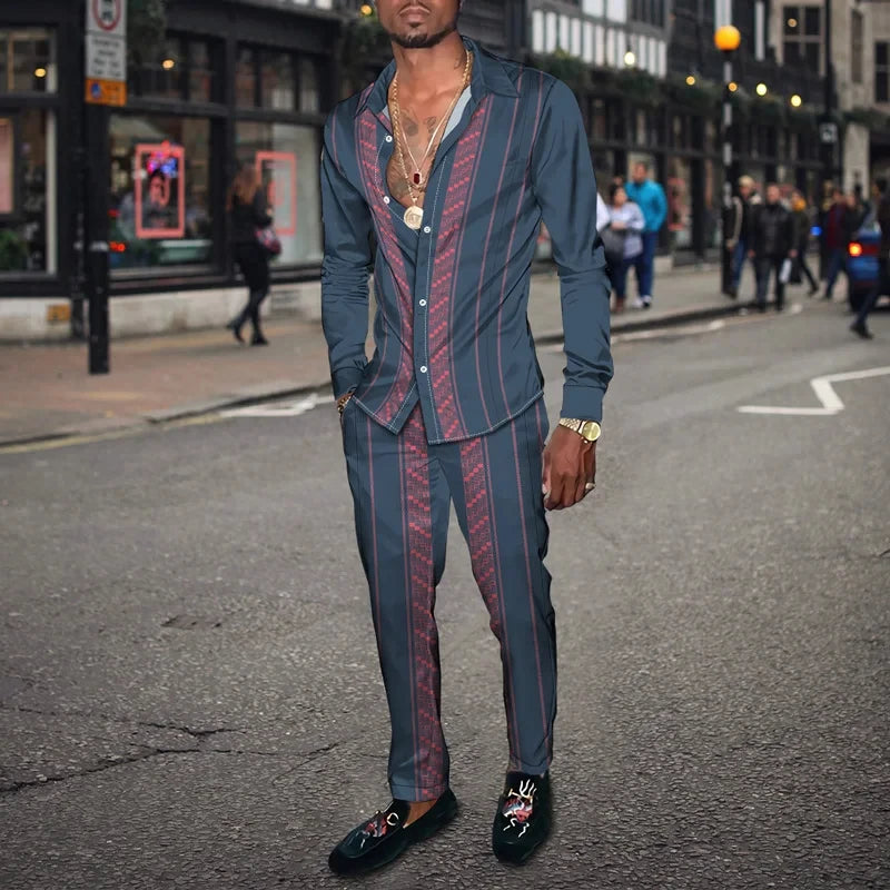 Men's 3D Retro Harajuku Print Long Sleeve Lapel Shirt & Long Pants 2-Piece Set