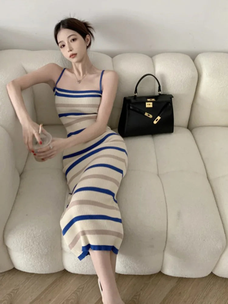 Elegant Camisole Knitted Striped Midi Dress – Sleeveless Slim Fit Summer Dress