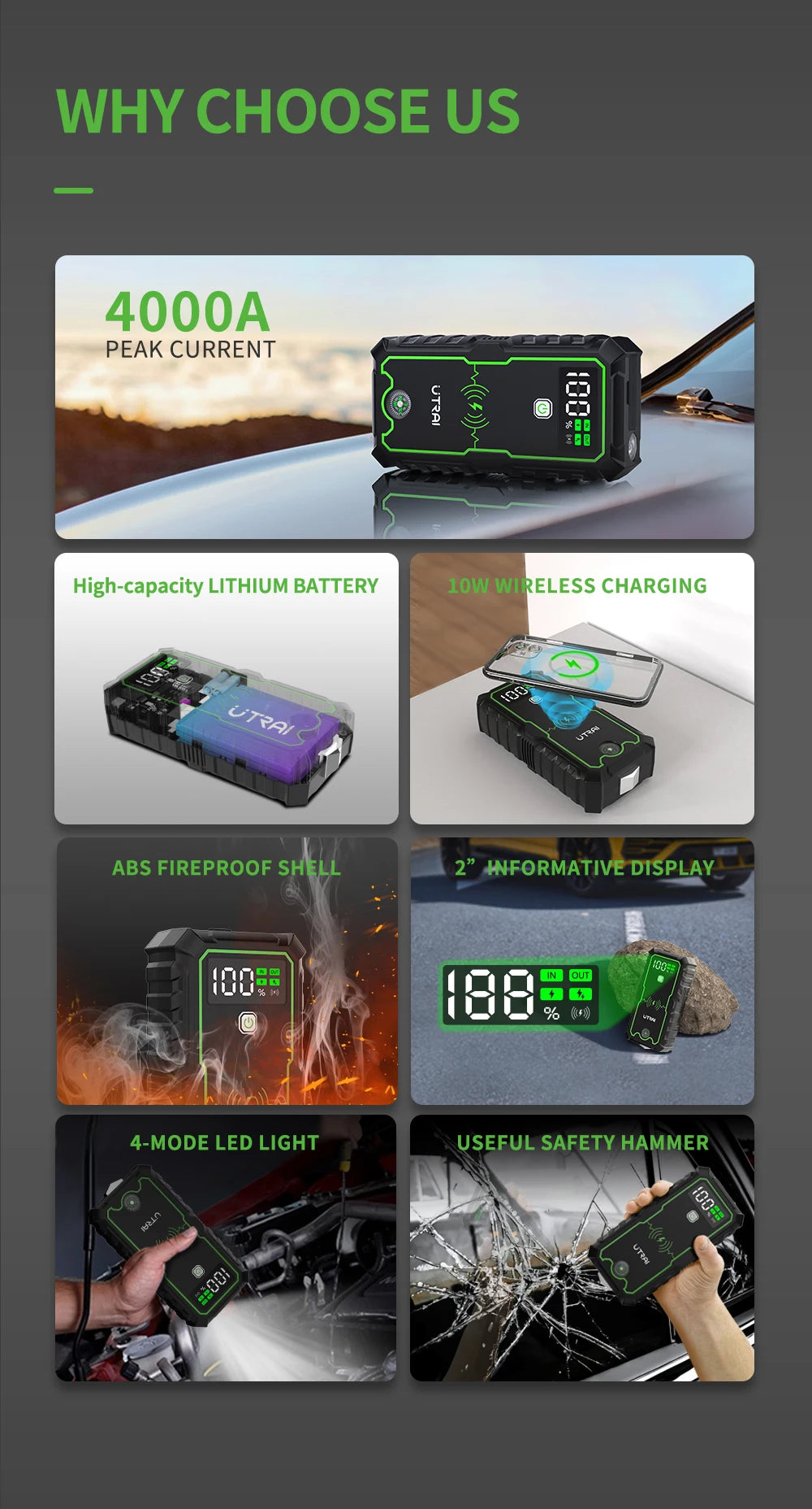UTRAI 4000A Jump Starter — Portable 12V Car Battery Booster & Power Bank
