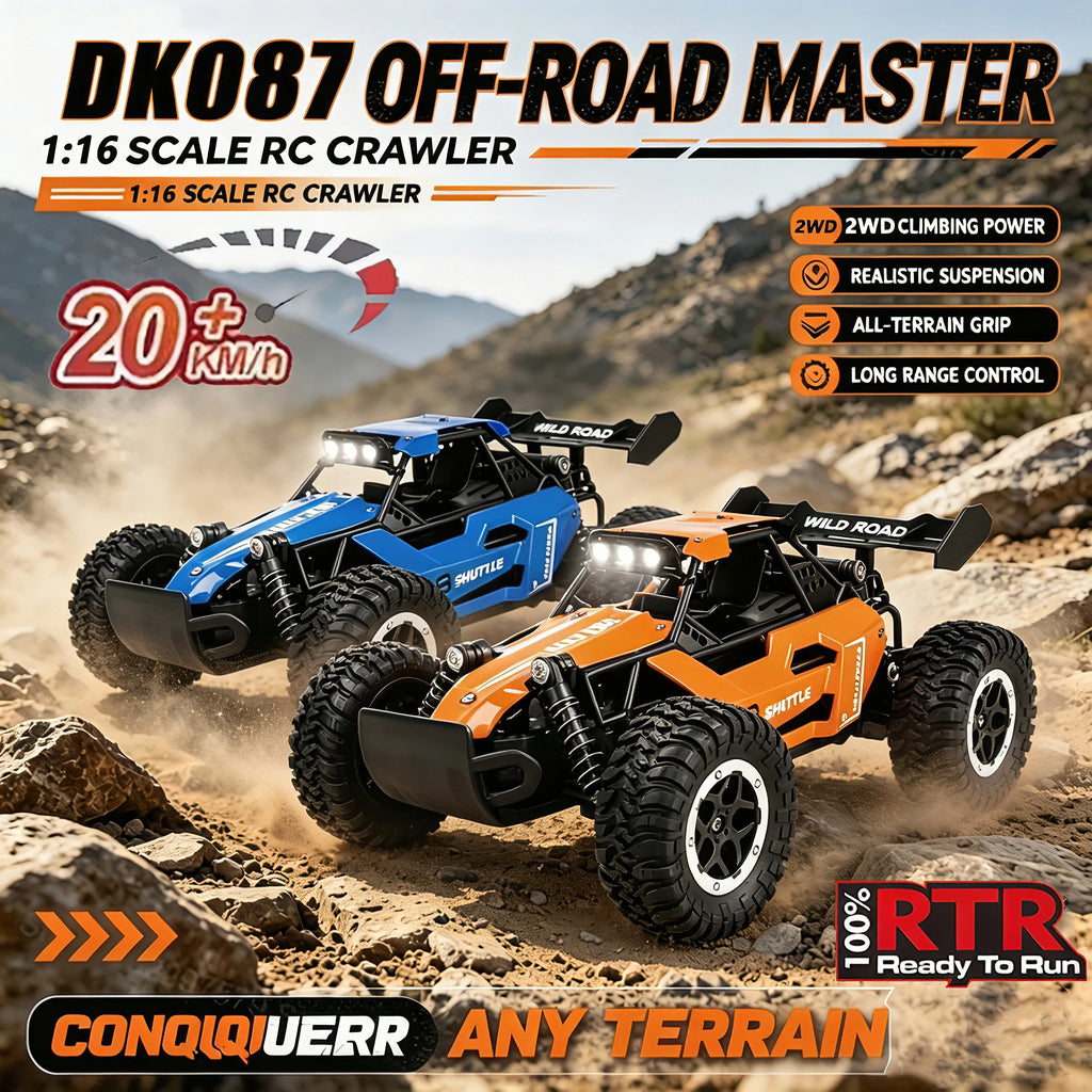 Two 1:16 scale RC crawlers, one blue and one orange, shown racing on a rocky off-road terrain. The image features promotional text overlays including 'DK087 OFF-ROAD MASTER', '1:16 SCALE RC CRAWLER', '20+ KM/H', and 'CONQUERR ANY TERRAIN'.
