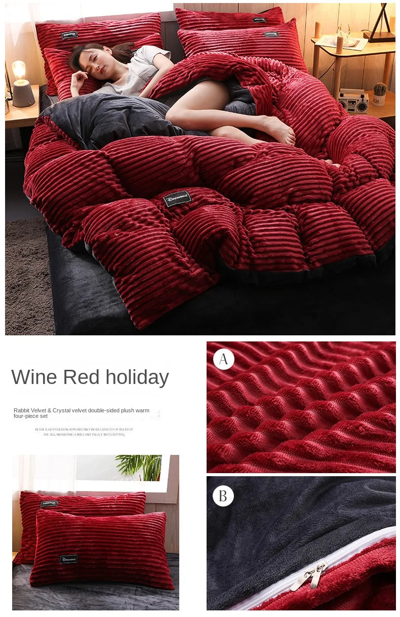 Thick Velvet Duvet Cover Set – Warm Solid Color 3-Piece Bedding, 12 Colors & 4 Sizes