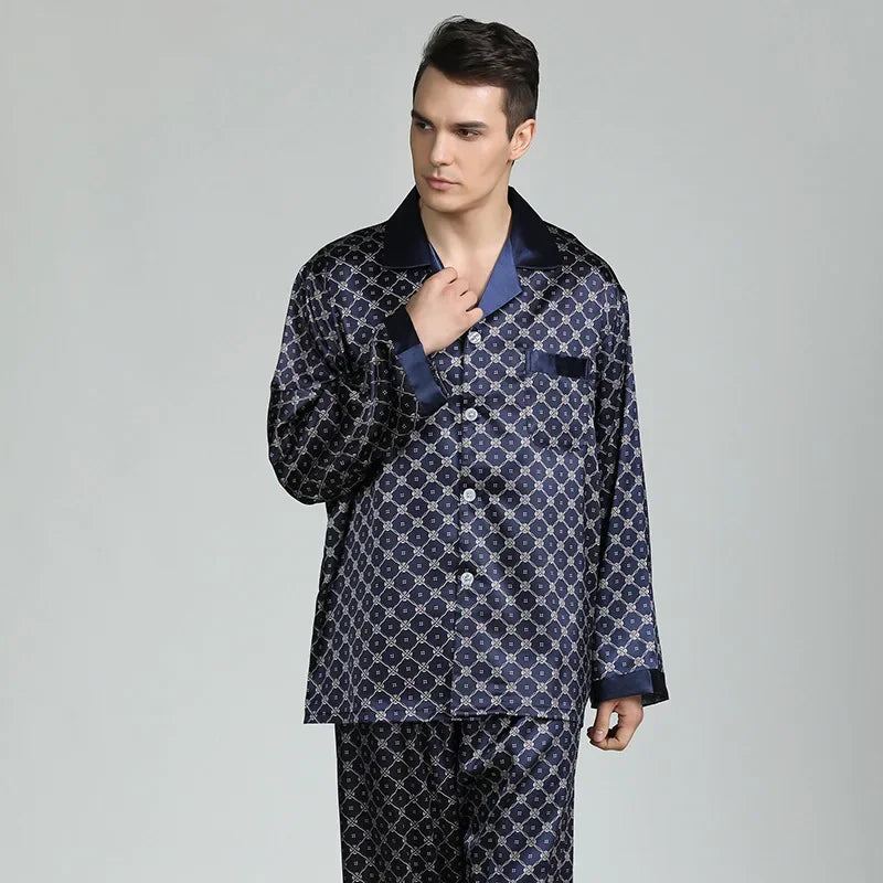 Men's Ice Silk Satin Pajama Set — Long Sleeve Top & Pants Sleepwear