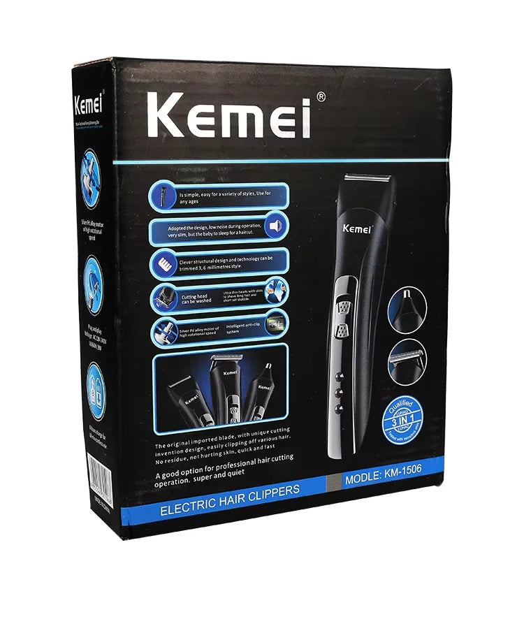 Kemei KM-1506 3-in-1 Electric Hair Clipper, Shaver & Nose Trimmer – USB Rechargeable