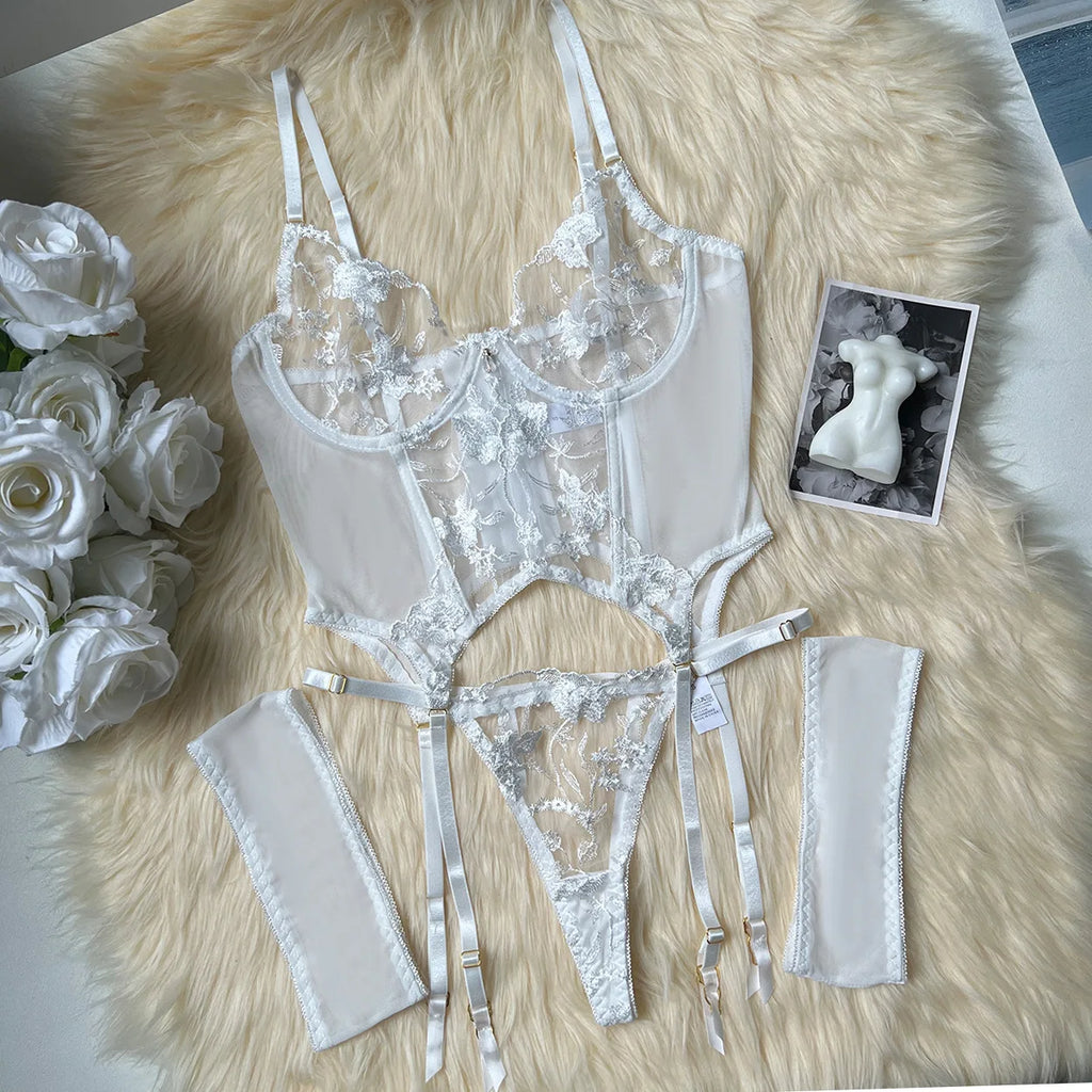 Sheer Embroidery Bra & Brief Set — Transparent Lace Underwear Suit