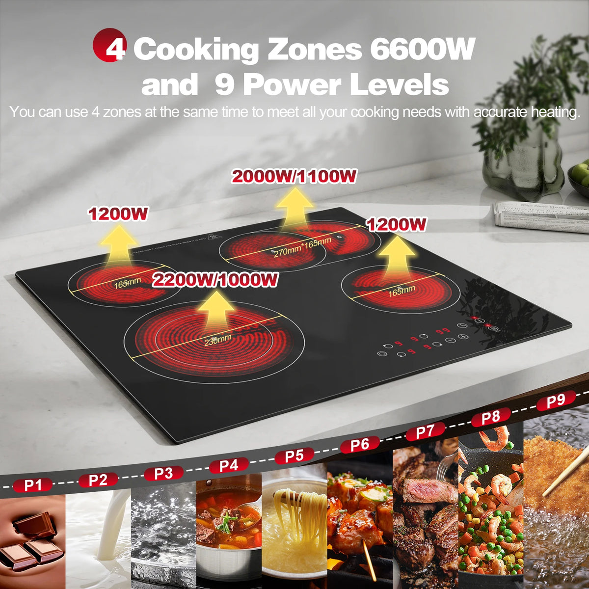 2-Zone Ceramic Hob – 3000W, Child Lock, 9 Heat Levels, 1-99 Min Timer, 60cm Black Glass (CE Certified)