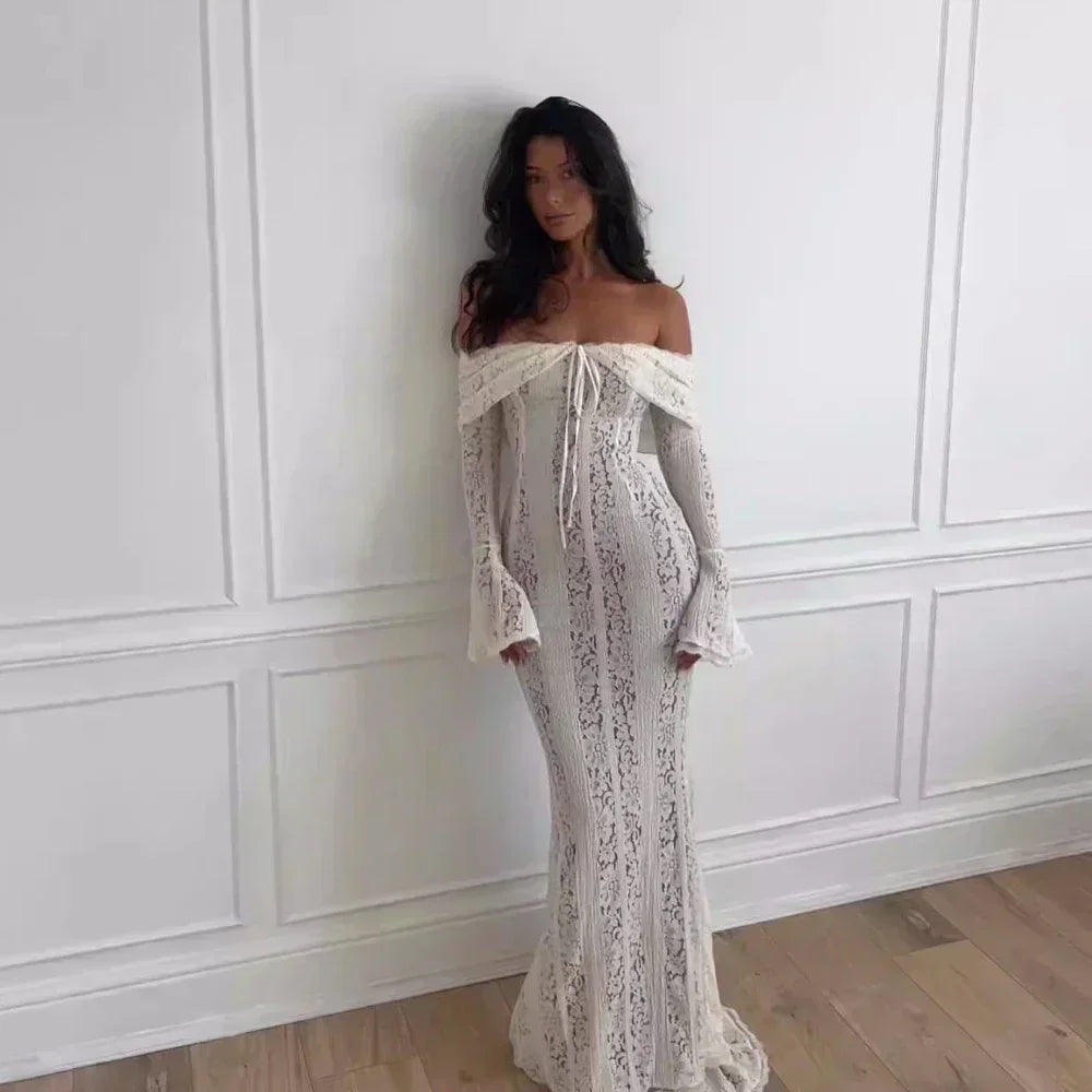 Elegant White Lace Evening Gown — Long Sleeve Wedding & Prom Dress