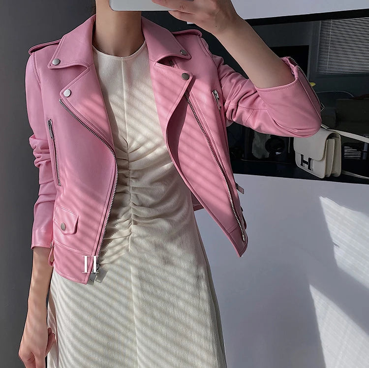 Women's Sheepskin Leather Jacket – Cropped Moto Style