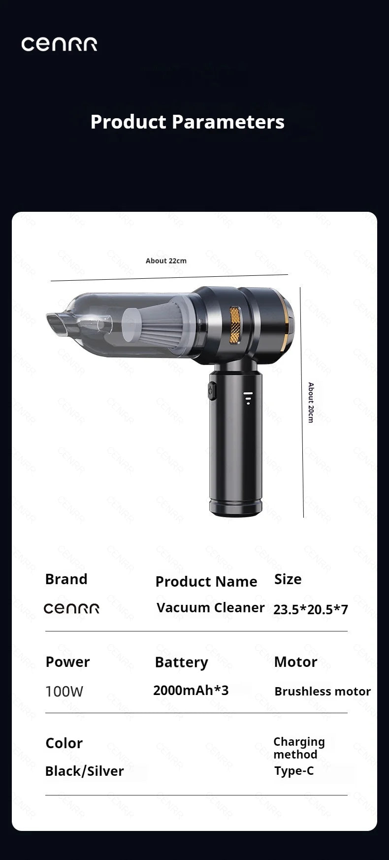 CENRR Wireless Car Vacuum Cleaner — 3-Gear Brushless Motor, 6000mAh, 9 Accessories, USB-C Charging