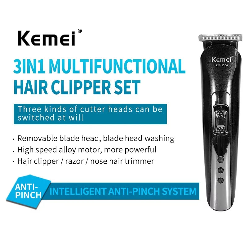 Kemei KM-1506 3-in-1 Electric Hair Clipper, Shaver & Nose Trimmer – USB Rechargeable