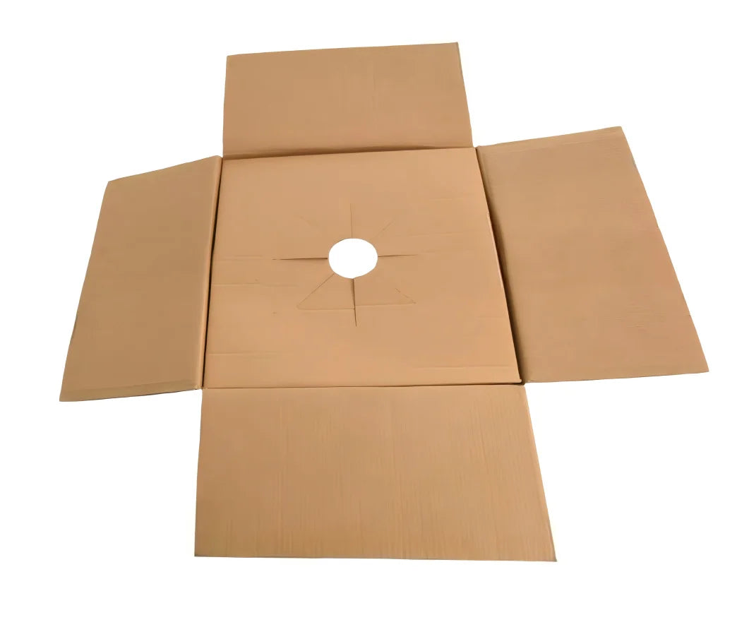 An open brown cardboard box with four flaps extended, featuring a circular hole cut in the center panel, isolated on a white background.