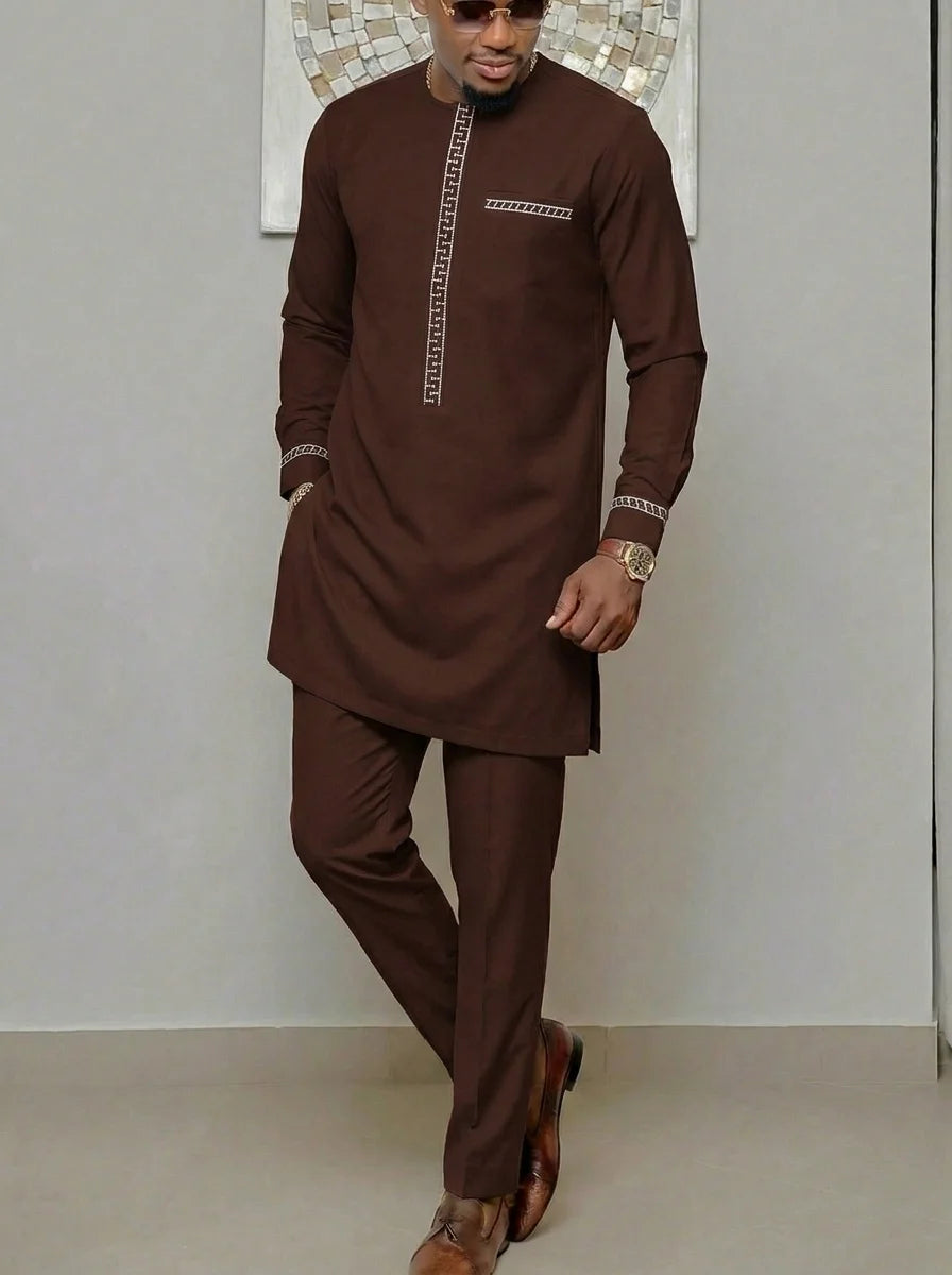 Men's African Kaunda Kaftan Long Sleeve Top & Pants 2-Piece Suit – Traditional Ethnic Wear