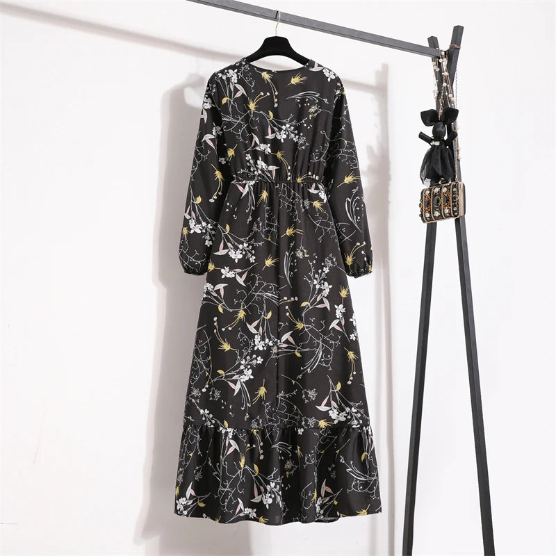 Women Long Dresses Spring Summer Casual Full Sleeve Floral geometry Printed O neck Woman Bohe Beach Party Dress Mujer Vestidos