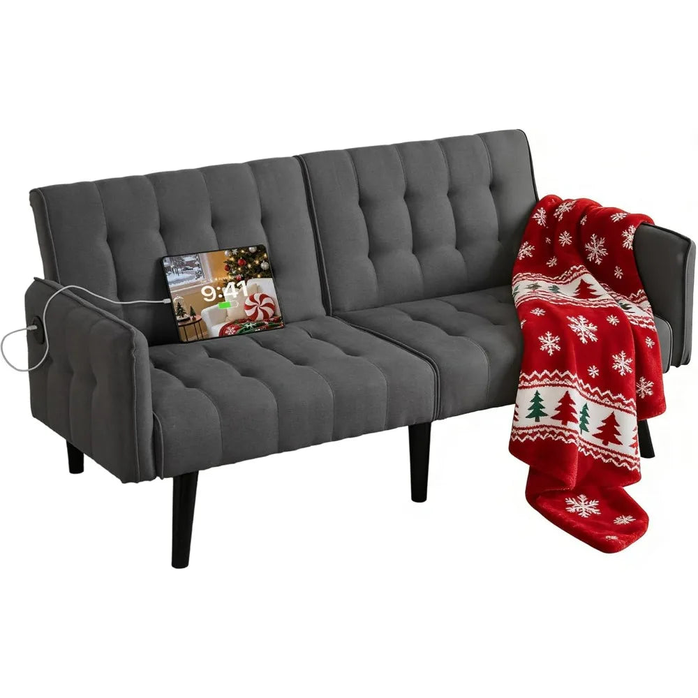 Sofa, Bed & Charging Station in One — TYBOATLE 65" Futon Sofa Bed | 2 USB Ports, Tufted Linen, Adjustable Loveseat for Small Spaces