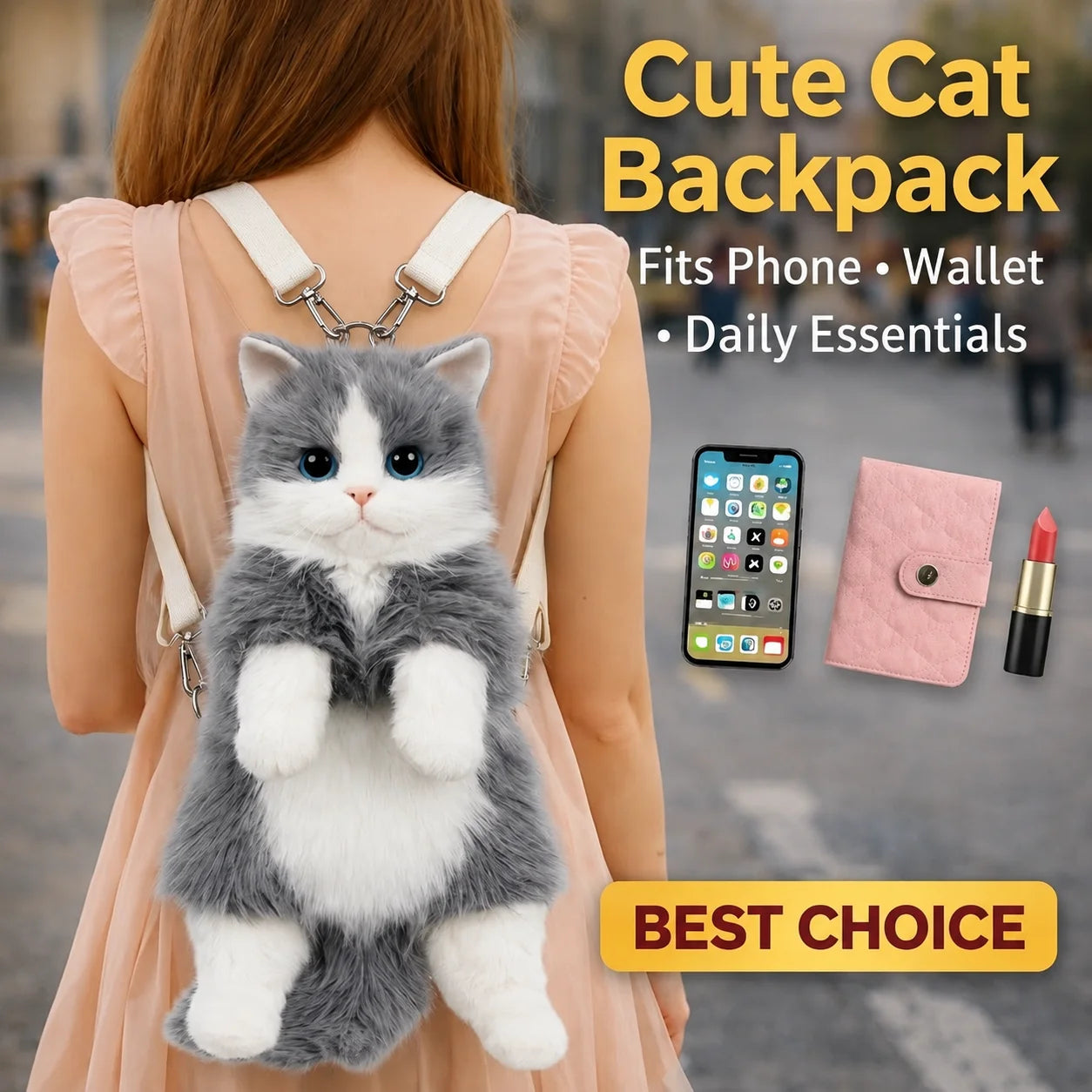 Cute Cat Backpack for Girls, Kawaii Plush Bag, Soft Animal Crossbody Bag for School, Travel & Daily Outfit