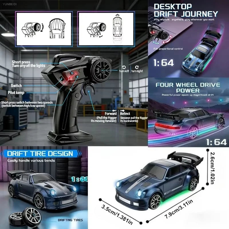 1/64 Scale Mini 4WD RC Drift Racing Car – Type-C Rechargeable Desktop Racer
