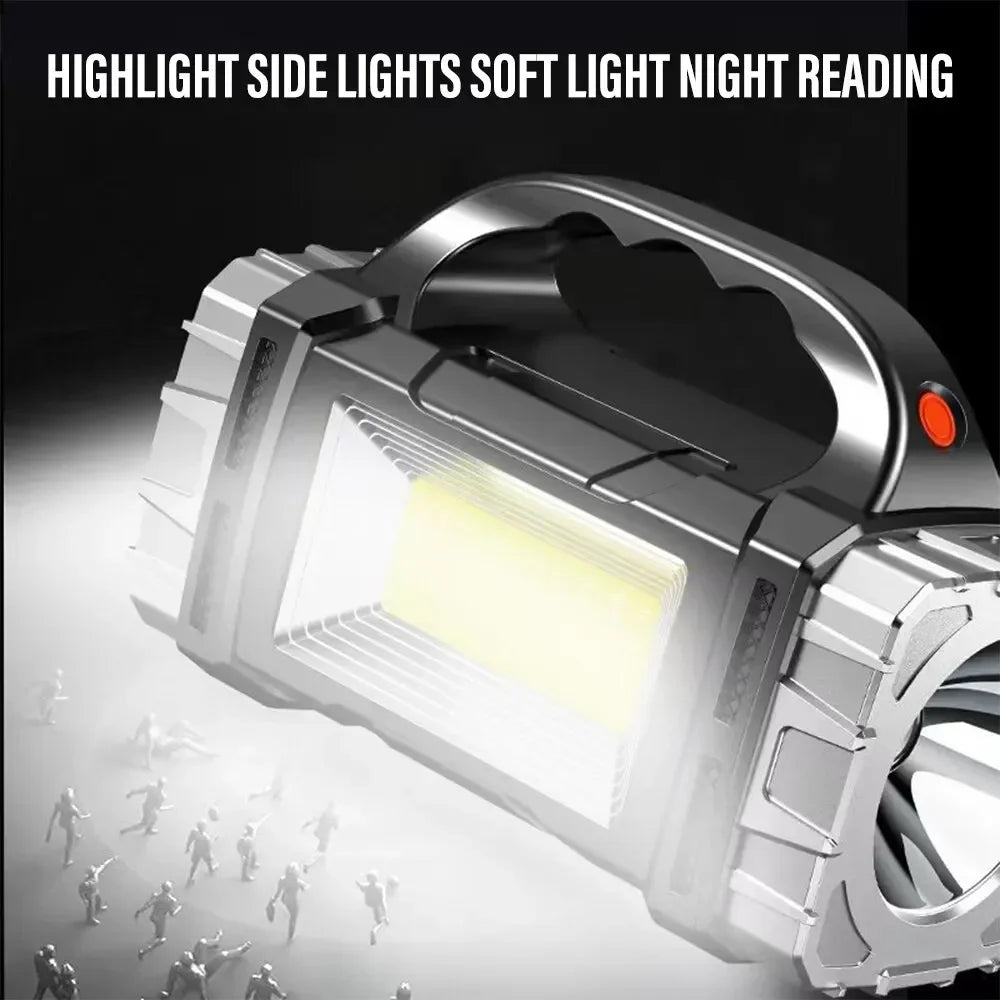 USB + Solar Rechargeable COB LED Flashlight – Powerful Outdoor Camping Torch & Portable Power Bank Searchlight
