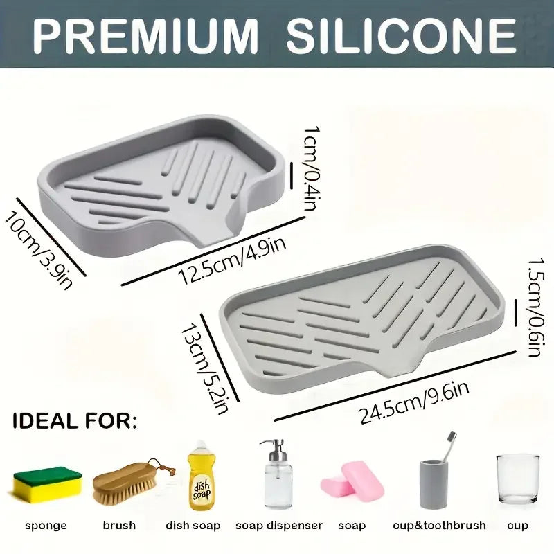Tidy Sink. Dry Counter. — Silicone Faucet Mat & Sink Tray | Soap Dish, Sponge Drain Pad, Splash Mat, Countertop Storage, M & L Sizes