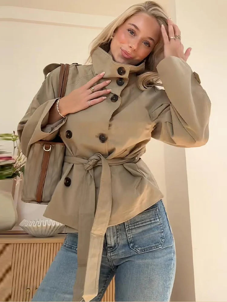 Women's Double-Breasted Cropped Trench Coat – Chic Vintage Office Jacket