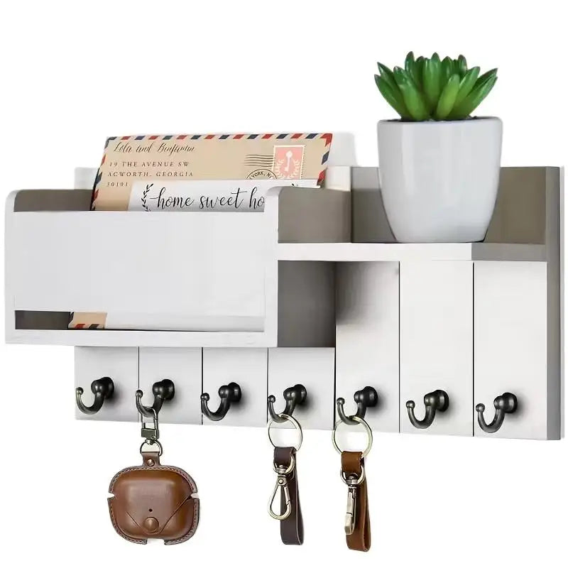 Wall-Mounted Wood Storage Rack with 7 Hooks — Mail, Keys, Glasses & Entryway Organizer