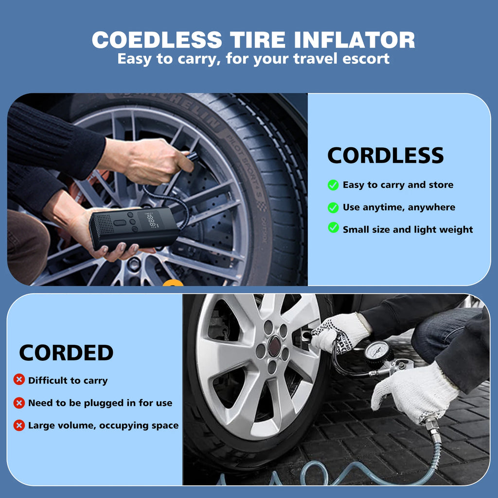Cordless Portable Car Tire Inflator – Digital 150PSI Electric Air Pump for Cars, Bikes & More, 4000mAh or 6000mAh
