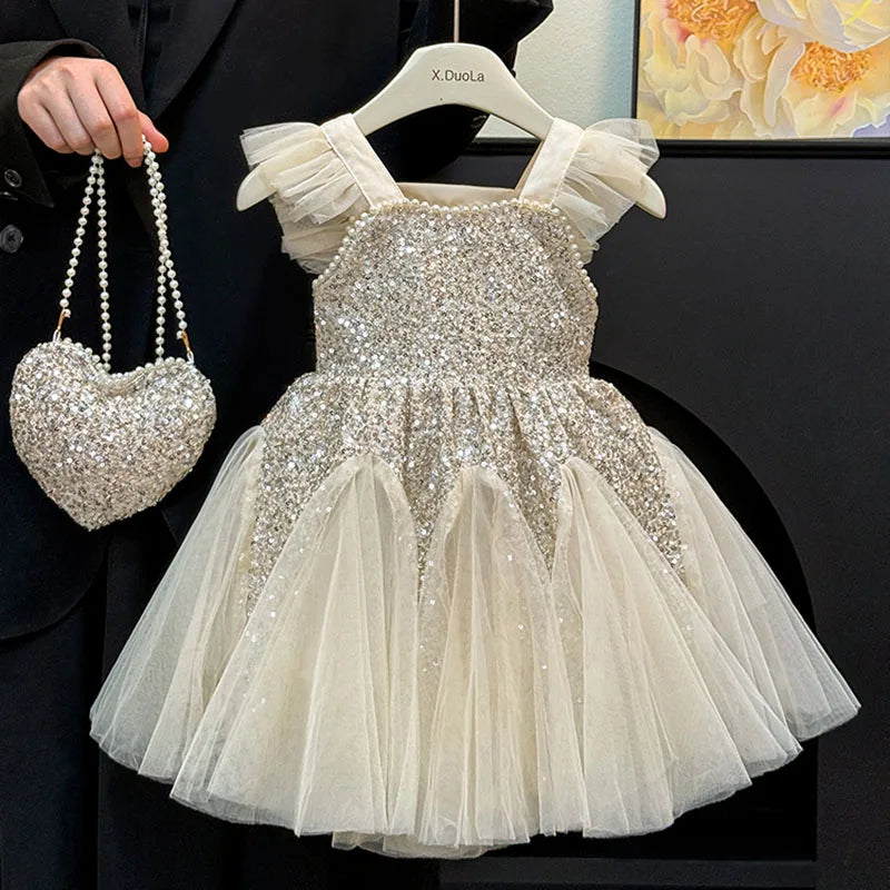 Sequin Flying Sleeve Girls Party Dress — Elegant Mesh Vest Princess Prom Dress