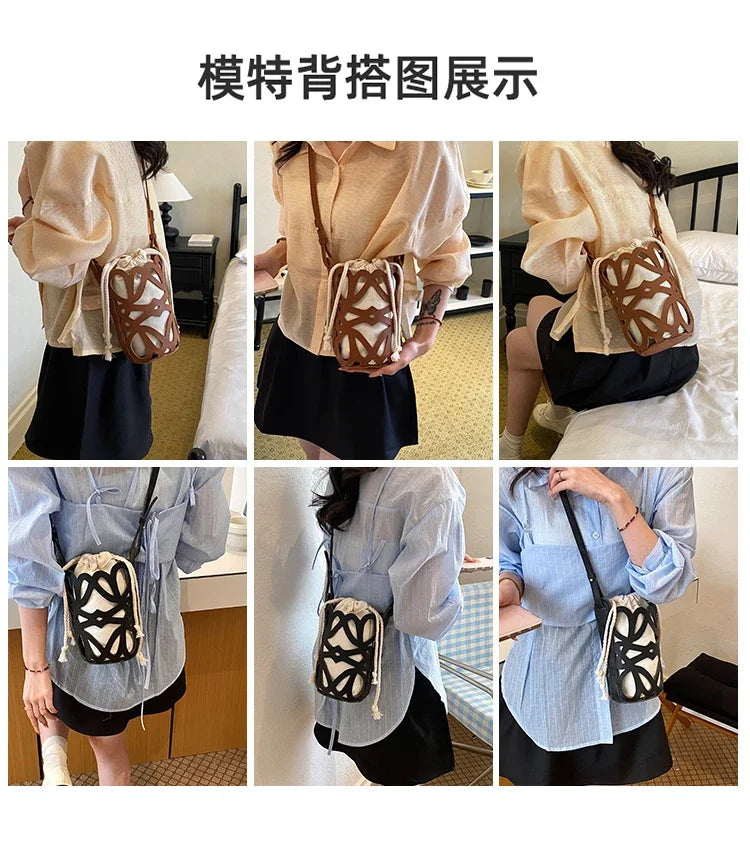Brilliant Fish Hollow Out Drawstring Mini Bucket Crossbody Bag – Adjustable Strap Shoulder Bag for Women