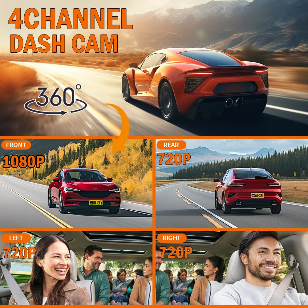 4-Channel WiFi Dashcam – FHD 1080P, Night Vision, Loop Recording, Parking Monitor | Front + Rear + Side