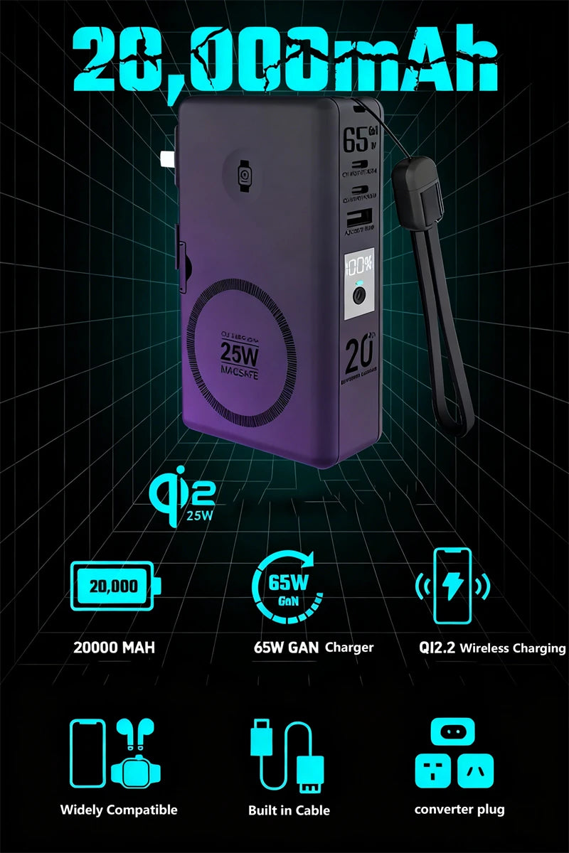 65W GaN 6-in-1 Power Bank with Qi2.2 25W Magnetic Wireless Charging for iPhone, Apple Watch & Laptop