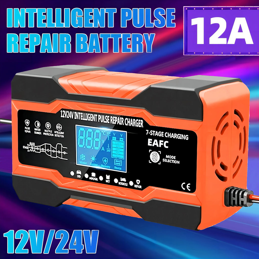 12V/24V Smart Battery Charger – 7-Stage Fast Charging & Pulse Repair for AGM, GEL, WET & Lead Acid Batteries