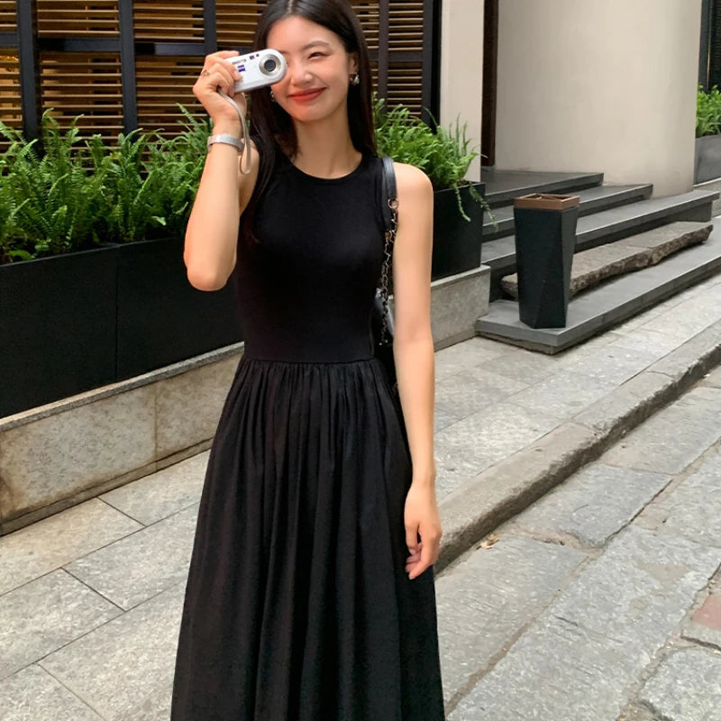 Women's Vintage Black Midi Dress – O-Neck Office Lady Casual Style with Pockets