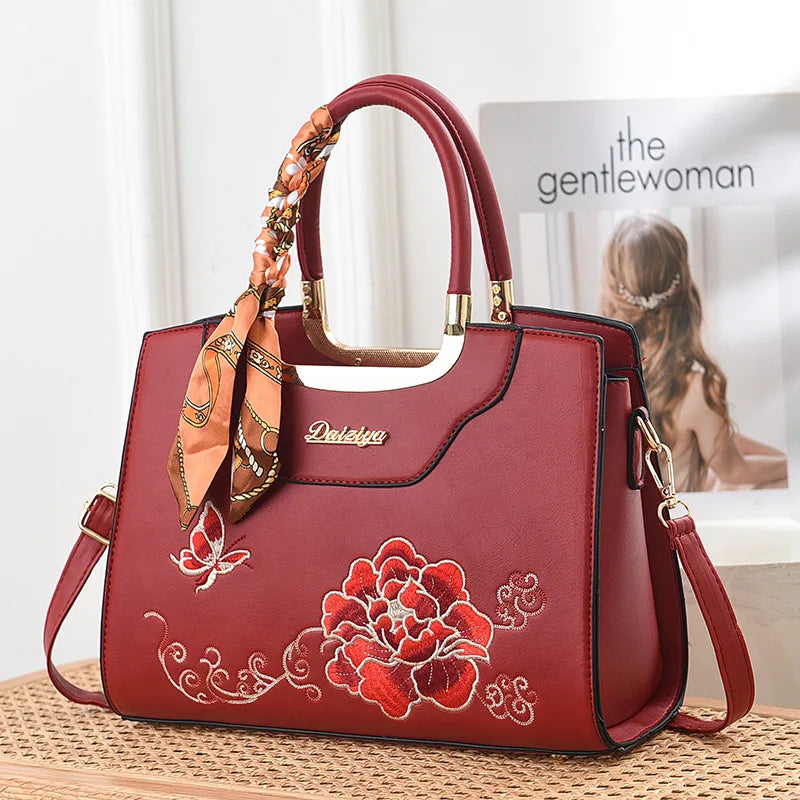 Luxury Embroidered Floral Soft PU Leather Crossbody Shoulder Bag – Casual Designer Handbag for Women