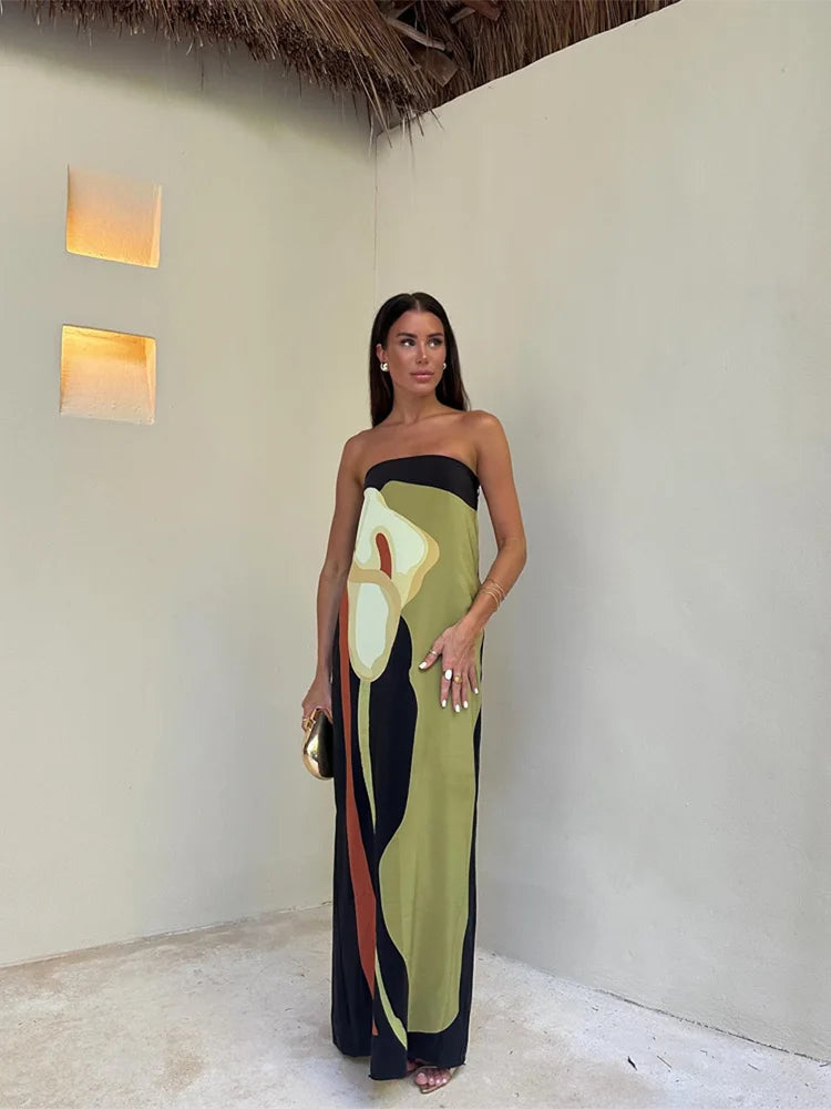 Sexy Strapless Backless Printed Long Dress – Off-Shoulder Sleeveless Summer Party & Evening Robe
