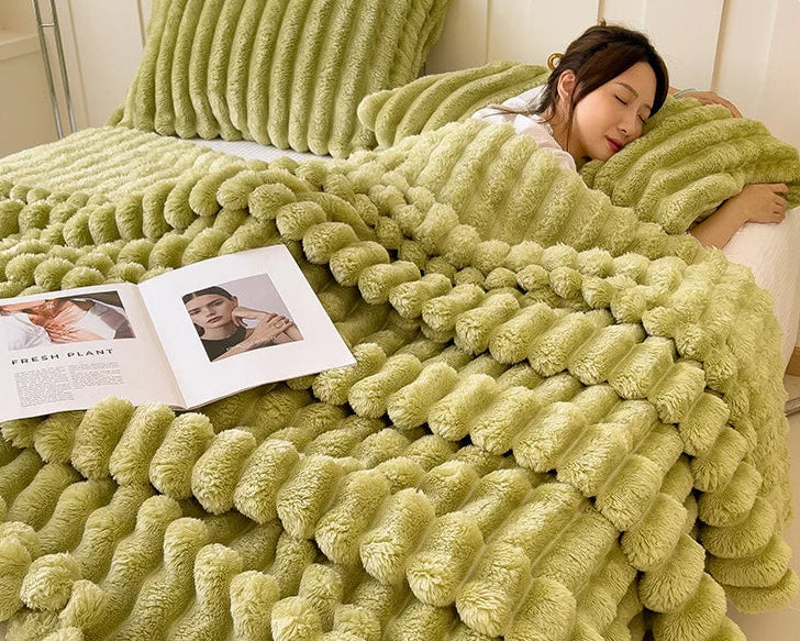 Striped Plush Blanket – Soft Faux Rabbit Fur Throw