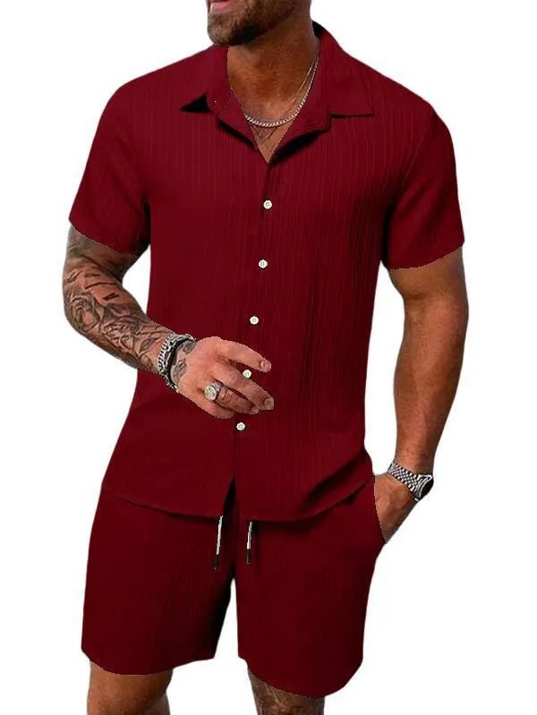 Men's Striped Polo Cardigan & Drawstring Shorts Sports Suit – Solid Color 2-Piece