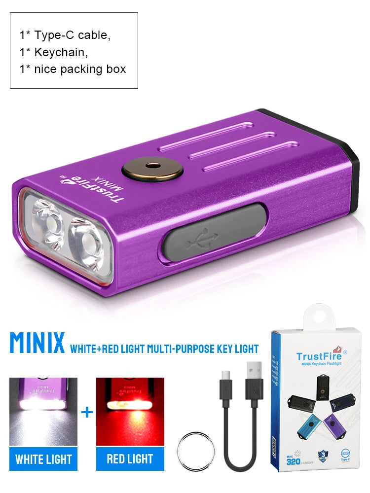 TrustFire MINIX – 320 Lumen Dual-Source Keychain EDC Flashlight, White + UV/Red, Type-C, IP66, Memory Mode